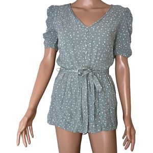 Abercrombie Puff Sleeve Polka Dot Romper size SM waist tie seafoam green…